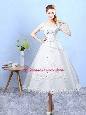 Scoop Short Sleeves Lace Up Damas Dress White Tulle