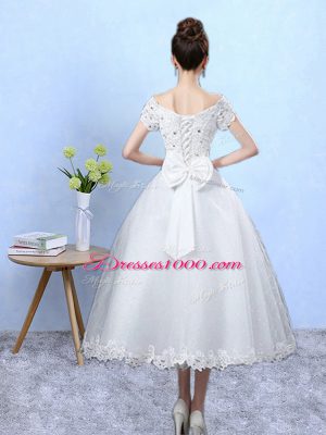 Scoop Short Sleeves Lace Up Damas Dress White Tulle