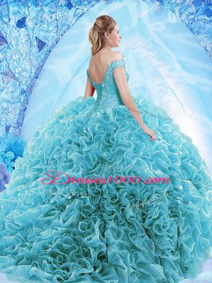 Luxurious Aqua Blue Ball Gowns Off The Shoulder Cap Sleeves Organza Brush Train Lace Up Ruffles and Pick Ups Quinceanera Gown