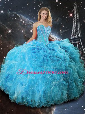 Custom Made Sleeveless Floor Length Beading and Ruffles Lace Up Quince Ball Gowns with Aqua Blue