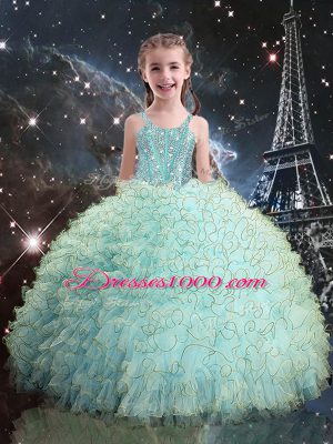 Lovely Aqua Blue Lace Up Straps Beading and Ruffles Little Girls Pageant Dress Organza Sleeveless