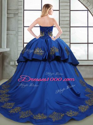 Fabulous Sleeveless Court Train Beading and Appliques and Embroidery Lace Up Quince Ball Gowns