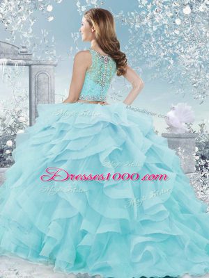 Dynamic Scoop Sleeveless 15th Birthday Dress Floor Length Beading and Ruffles Aqua Blue Organza