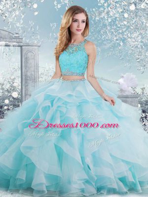 Dynamic Scoop Sleeveless 15th Birthday Dress Floor Length Beading and Ruffles Aqua Blue Organza