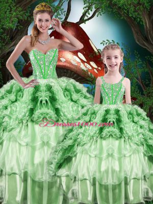 Unique Green Ball Gowns Organza Sweetheart Sleeveless Beading and Ruffles and Ruffled Layers Floor Length Lace Up Vestidos de Quinceanera