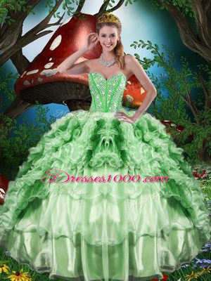 Unique Green Ball Gowns Organza Sweetheart Sleeveless Beading and Ruffles and Ruffled Layers Floor Length Lace Up Vestidos de Quinceanera
