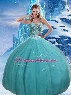 Affordable Aqua Blue Tulle Lace Up Sweetheart Sleeveless Floor Length Quinceanera Gown Beading and Sequins