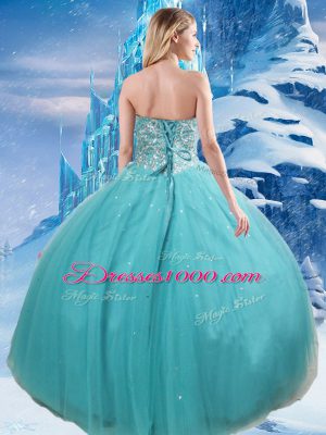 Affordable Aqua Blue Tulle Lace Up Sweetheart Sleeveless Floor Length Quinceanera Gown Beading and Sequins