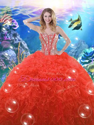 Comfortable Coral Red Ball Gowns Sweetheart Sleeveless Organza Floor Length Lace Up Beading and Ruffles Quinceanera Gown