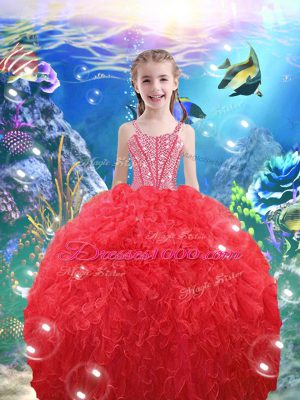 Comfortable Coral Red Ball Gowns Sweetheart Sleeveless Organza Floor Length Lace Up Beading and Ruffles Quinceanera Gown