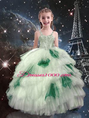 White Tulle Lace Up Straps Sleeveless Floor Length Little Girl Pageant Dress Beading and Ruffled Layers