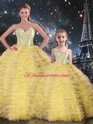 Inexpensive Floor Length Yellow 15th Birthday Dress Sweetheart Sleeveless Lace Up
