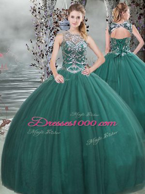 Modest Dark Green Scoop Lace Up Beading Quinceanera Gowns Sleeveless