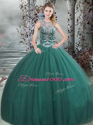 Modest Dark Green Scoop Lace Up Beading Quinceanera Gowns Sleeveless