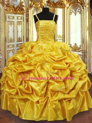 Gold Lace Up Spaghetti Straps Beading and Pick Ups Quinceanera Dresses Taffeta Sleeveless