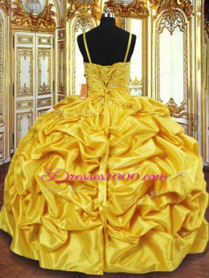 Gold Lace Up Spaghetti Straps Beading and Pick Ups Quinceanera Dresses Taffeta Sleeveless