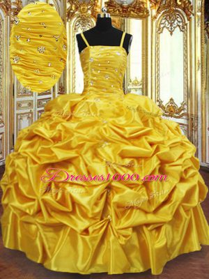 Gold Lace Up Spaghetti Straps Beading and Pick Ups Quinceanera Dresses Taffeta Sleeveless