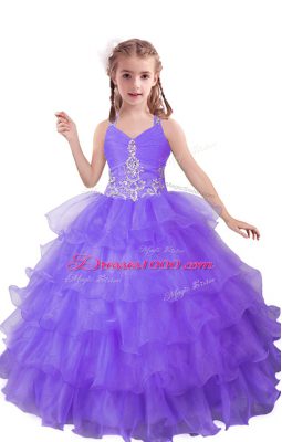 Lilac Organza Zipper Little Girls Pageant Dress Wholesale Sleeveless Floor Length Beading and Ruffled Layers