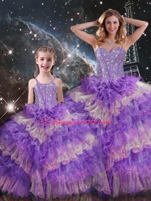 Multi-color Sweetheart Lace Up Beading and Ruffled Layers and Sequins Quinceanera Gown Sleeveless