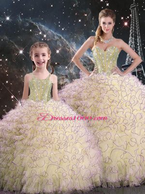 Light Yellow Lace Up Quince Ball Gowns Beading and Ruffles Sleeveless Floor Length