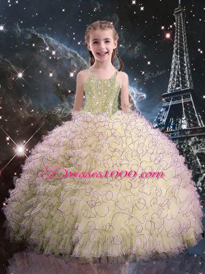 Light Yellow Lace Up Quince Ball Gowns Beading and Ruffles Sleeveless Floor Length