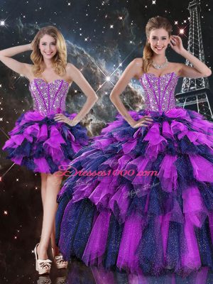 Multi-color Organza Lace Up Sweetheart Sleeveless Floor Length Sweet 16 Dresses Beading and Ruffles and Ruffled Layers