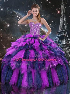 Multi-color Organza Lace Up Sweetheart Sleeveless Floor Length Sweet 16 Dresses Beading and Ruffles and Ruffled Layers