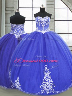 Best Sleeveless Tulle Floor Length Lace Up Quinceanera Dress in Blue with Appliques