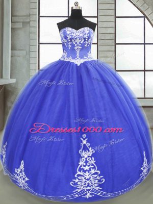 Best Sleeveless Tulle Floor Length Lace Up Quinceanera Dress in Blue with Appliques