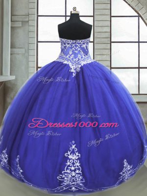 Best Sleeveless Tulle Floor Length Lace Up Quinceanera Dress in Blue with Appliques
