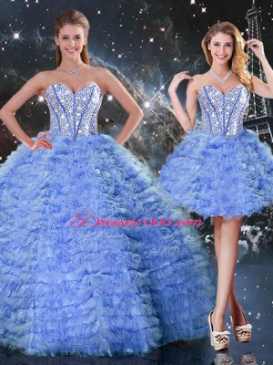 Fancy Blue Ball Gowns Beading and Ruffled Layers Quinceanera Dresses Lace Up Tulle Sleeveless Floor Length