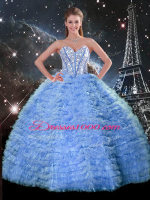 Fancy Blue Ball Gowns Beading and Ruffled Layers Quinceanera Dresses Lace Up Tulle Sleeveless Floor Length