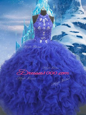 Ball Gowns Quinceanera Dresses Blue Scoop Organza Sleeveless Floor Length Lace Up
