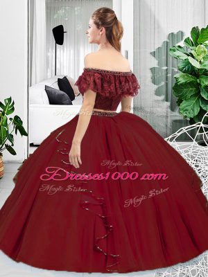 Perfect Burgundy Lace Up Off The Shoulder Lace and Ruffles Sweet 16 Dresses Tulle Sleeveless