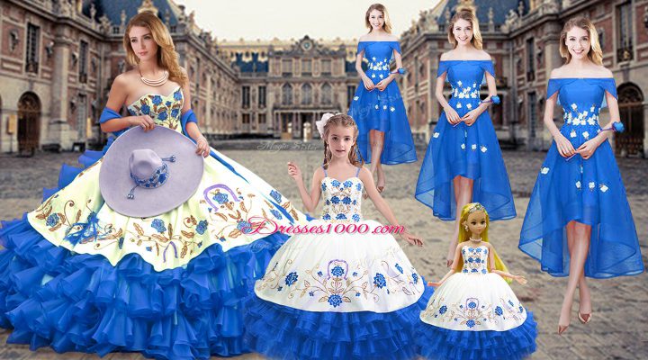 Sleeveless Organza Floor Length Lace Up Quinceanera Dresses in Royal Blue with Embroidery and Ruffled Layers