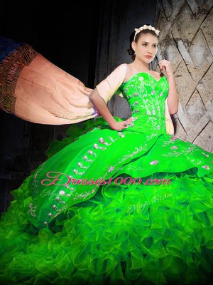 Green Sleeveless Brush Train Embroidery and Ruffles With Train Ball Gown Prom Dress