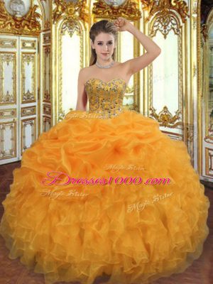 Spectacular Beading and Ruffles Sweet 16 Quinceanera Dress Orange Lace Up Sleeveless Floor Length