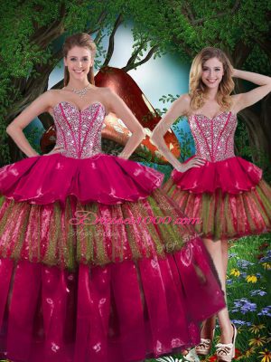 Burgundy Sweetheart Neckline Beading and Ruffled Layers Quinceanera Gown Sleeveless Lace Up