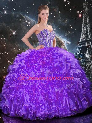 Sophisticated Eggplant Purple Sweetheart Lace Up Beading and Ruffles Quinceanera Gown Sleeveless