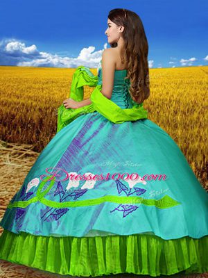 Sleeveless Floor Length Embroidery Lace Up Quince Ball Gowns with Multi-color