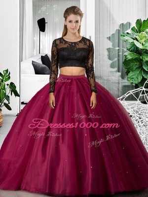 Fuchsia Two Pieces Scoop Long Sleeves Tulle Floor Length Backless Lace and Ruching Quince Ball Gowns
