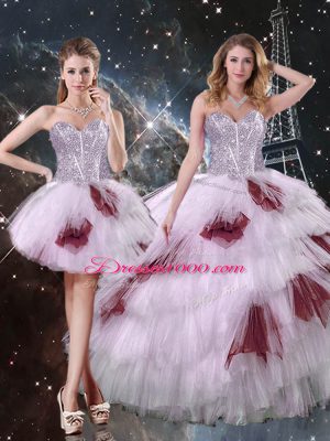 Multi-color Three Pieces Sweetheart Sleeveless Tulle Floor Length Lace Up Beading and Ruffled Layers and Sequins Vestidos de Quinceanera