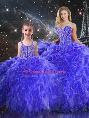 Floor Length Lace Up Quince Ball Gowns Blue for Military Ball and Sweet 16 and Quinceanera with Beading and Ruffles