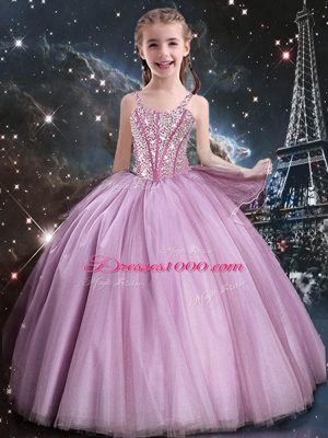 Tulle Straps Sleeveless Lace Up Beading Toddler Flower Girl Dress in Rose Pink
