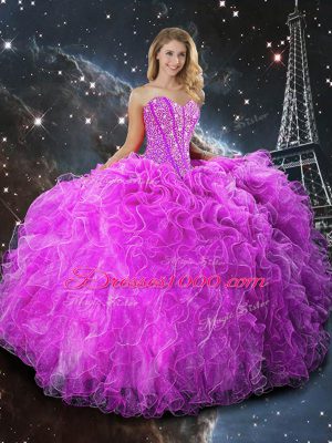 Fuchsia Sleeveless Beading and Ruffles Floor Length Quinceanera Dress