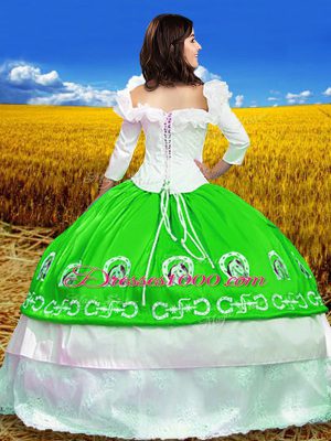 Fancy Green Off The Shoulder Lace Up Embroidery Quinceanera Dress 3 4 Length Sleeve