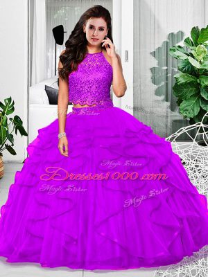 Lace and Ruffles Ball Gown Prom Dress Eggplant Purple Zipper Sleeveless Floor Length