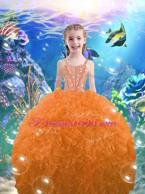 Classical Orange Red Lace Up Girls Pageant Dresses Beading and Ruffles Sleeveless Floor Length