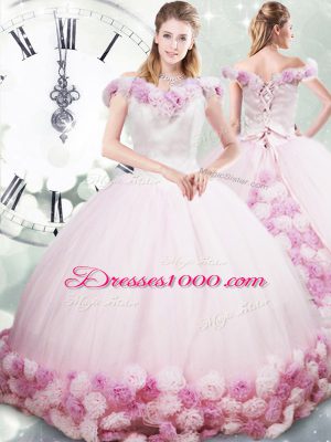 Fancy Pink Lace Up Off The Shoulder Hand Made Flower Vestidos de Quinceanera Fabric With Rolling Flowers Sleeveless Brush Train