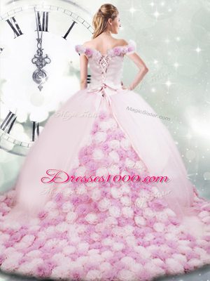 Fancy Pink Lace Up Off The Shoulder Hand Made Flower Vestidos de Quinceanera Fabric With Rolling Flowers Sleeveless Brush Train